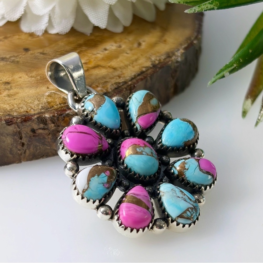 Pure Sterling Silver 925 Cotton Candy Turquoise Pendant Boho Southwest New - Picture 7 of 12
